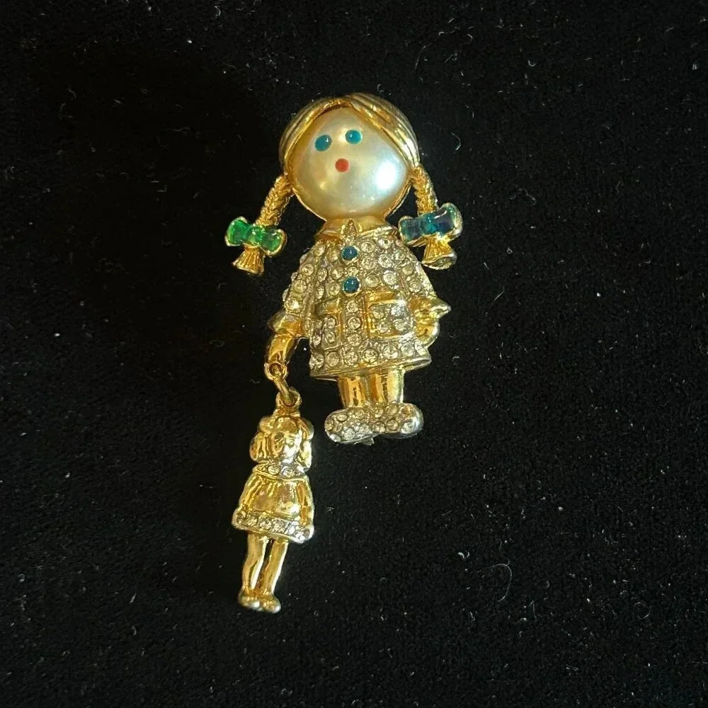 Vintage Gold Rhinestone Enamel Faux Pearl Girl with Doll Brooch Pin